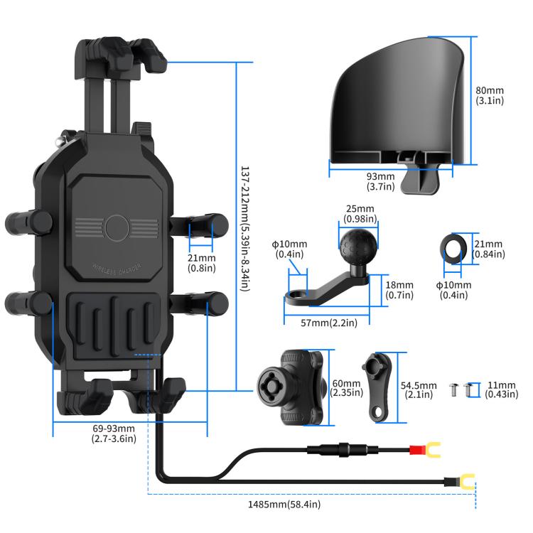Motorcycle wireless charging phone holder dimensions showing black mirror base and cable