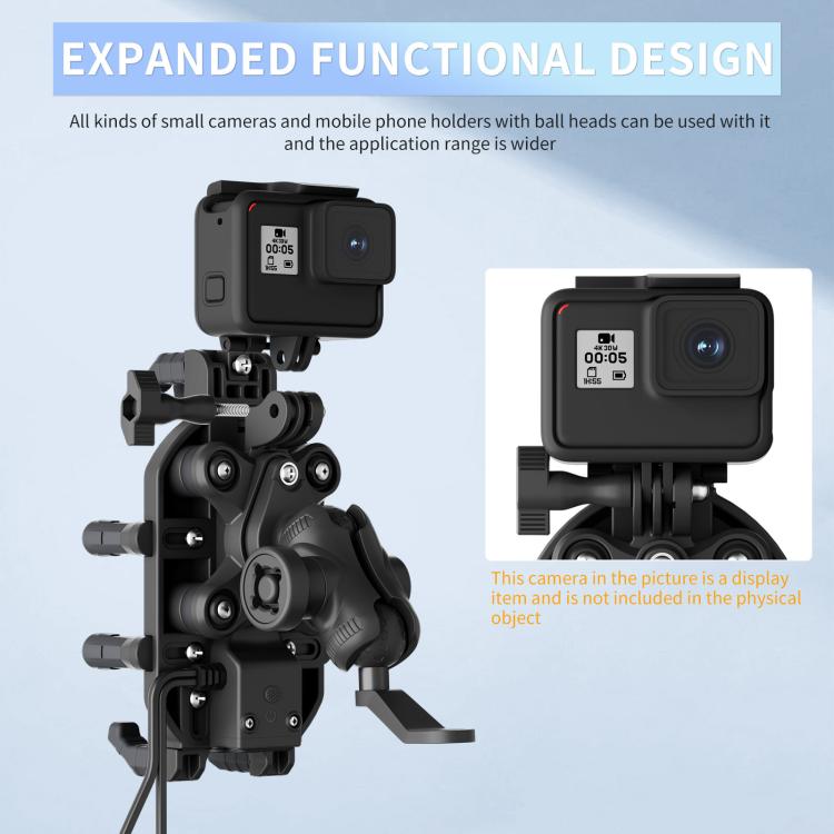 Motorcycle wireless charging phone holder with expanded mounting arms for accessories