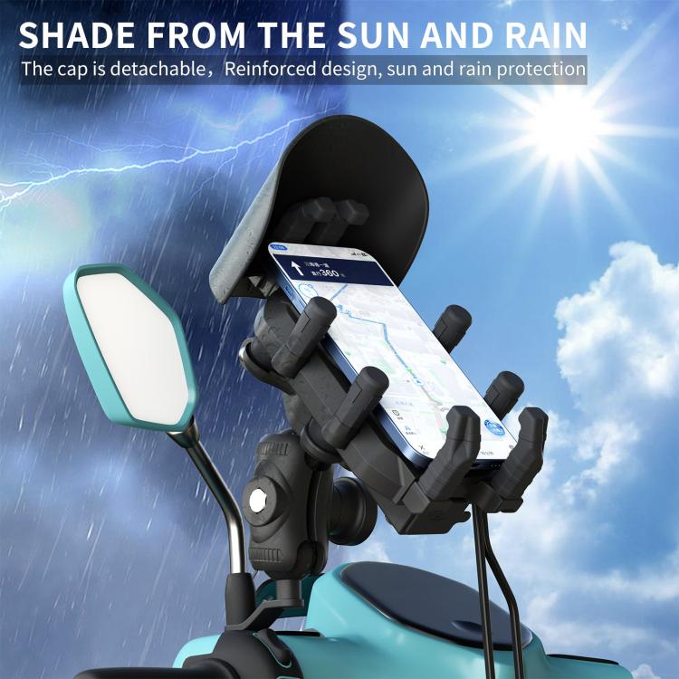 Motorcycle wireless charging phone holder with rain-shelter cap over charging cradle