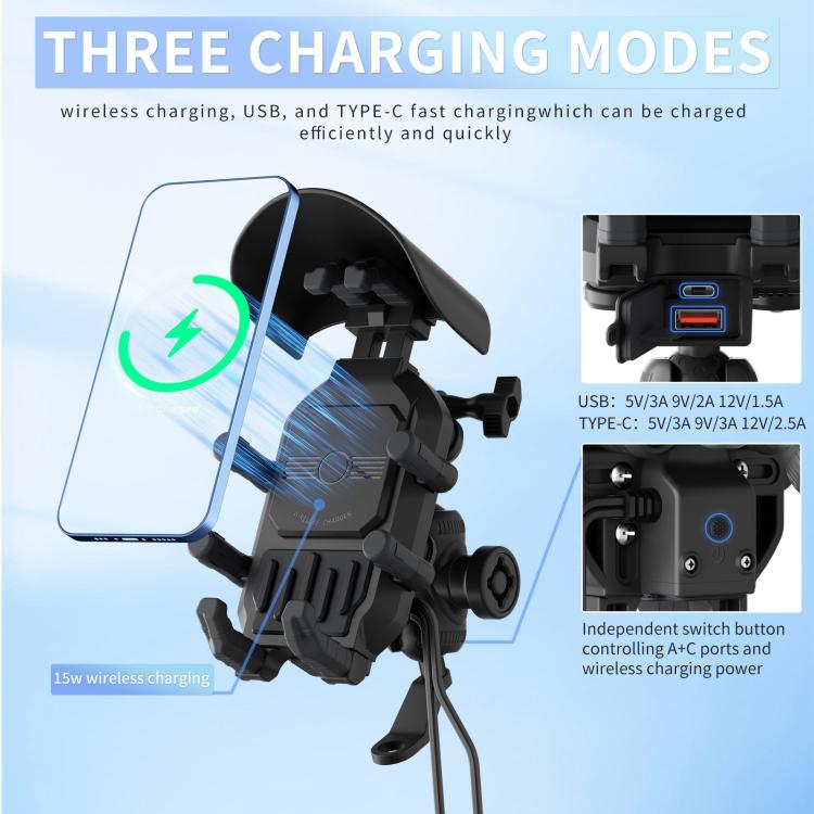 Motorcycle wireless charging phone holder showing charging cradle and side ports