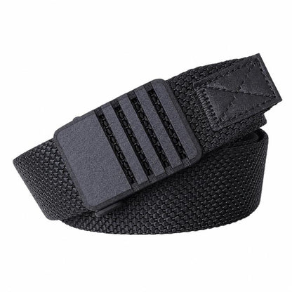 Automatic buckle nylon belt for men, black woven strap with gray buckle panel