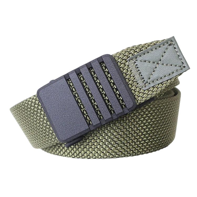 Automatic buckle nylon belt for men, dark olive woven belt with stitched end tab