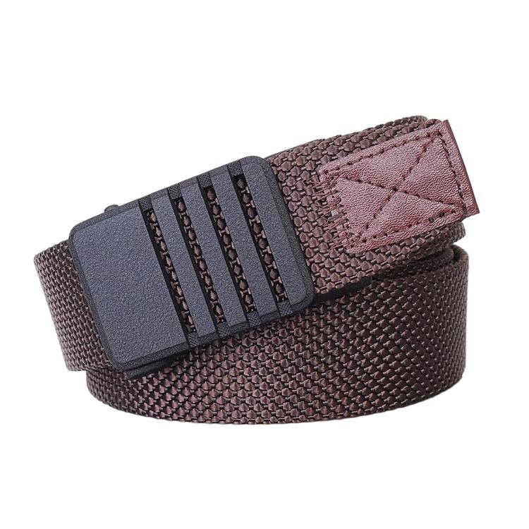 Automatic buckle nylon belt for men, maroon-brown woven belt with rectangular buckle