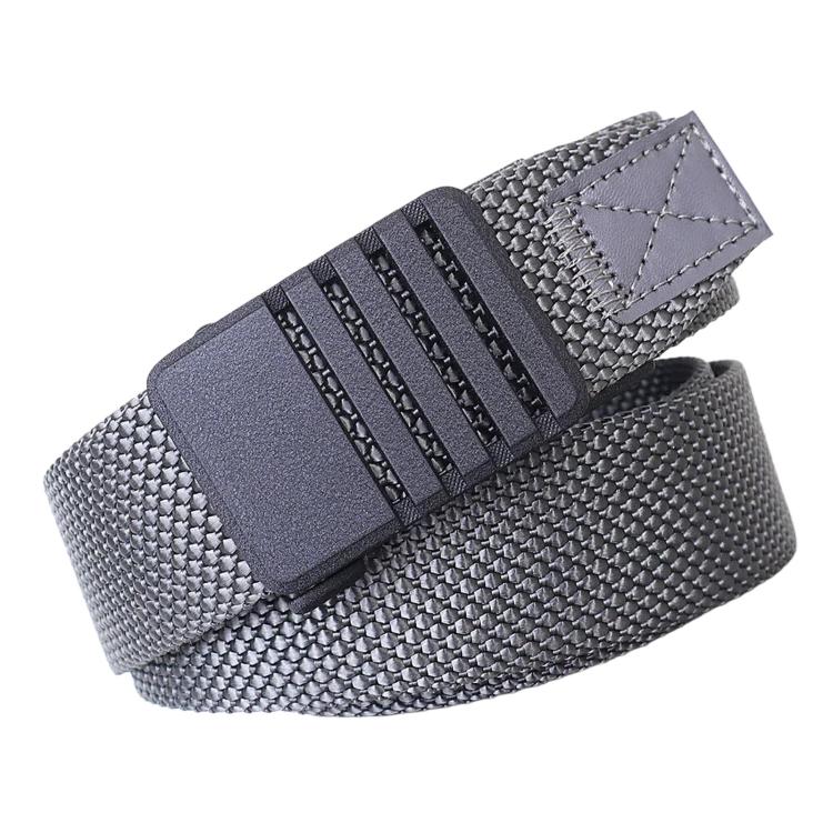 Nylon automatic buckle belt with textured gray strap and black automatic buckle