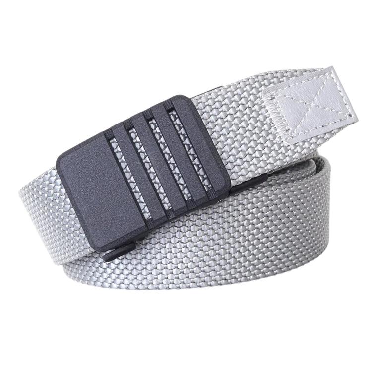 Nylon automatic buckle belt with light gray textured strap and black buckle plate