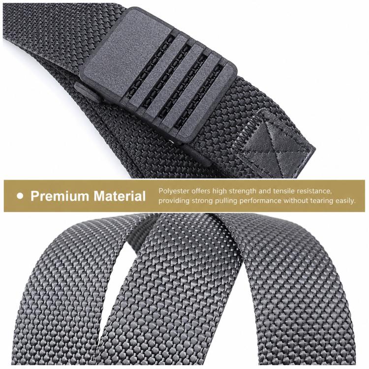 Textured nylon men’s belt with automatic buckle, dark strap and gray metal clasp
