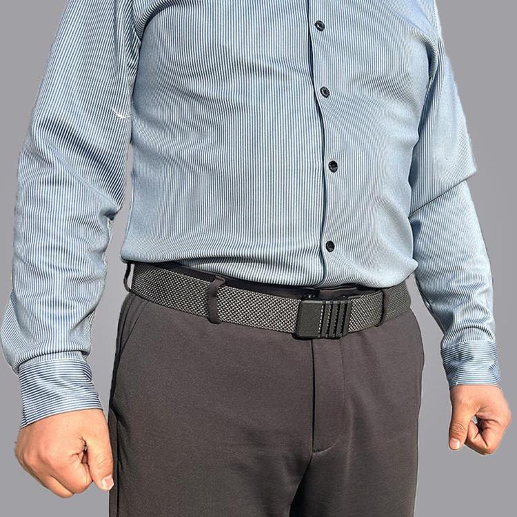 Men’s automatic buckle nylon belt worn with dress shirt and dark trousers