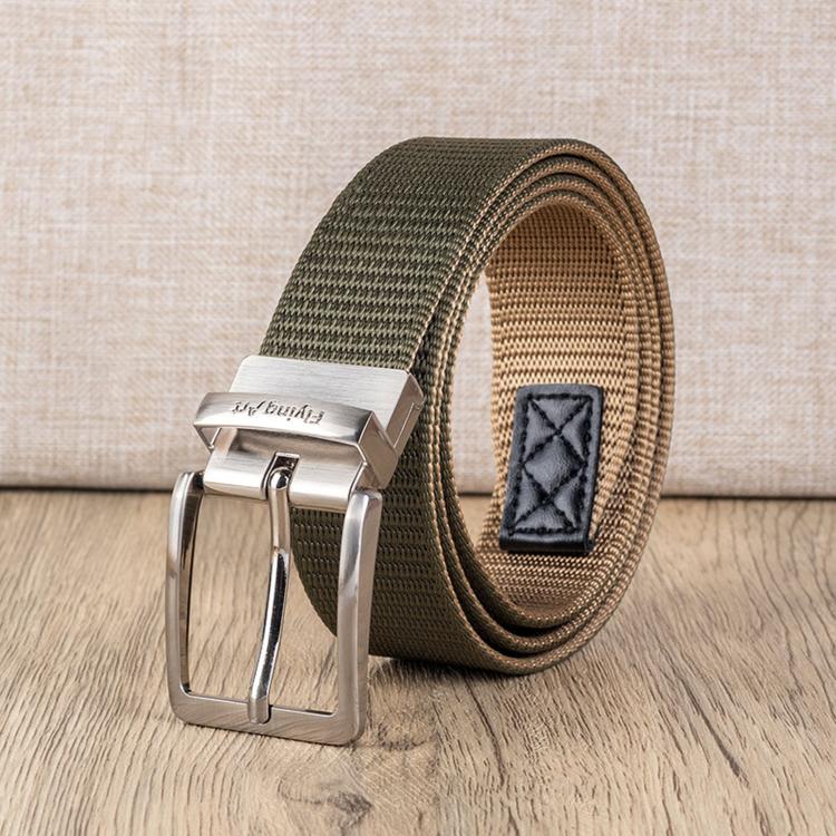 Men's casual nylon belt with olive green woven strap and rotating pin buckle