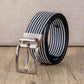 Men's casual nylon belt with black-and-white striped woven strap and rotating pin buckle