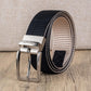 Men's two-tone nylon belt with silver square buckle, black and tan striped webbing