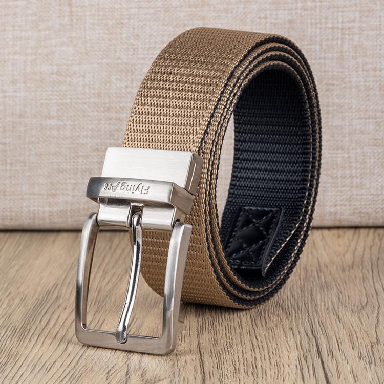 Men's two-tone nylon belt with silver square buckle, tan outer and dark underside