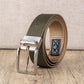 Olive green nylon belt detail: silver rotating pin buckle with stitched loop