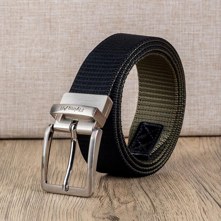 Navy woven belt with olive-striped inner edge and silver rotating pin buckle