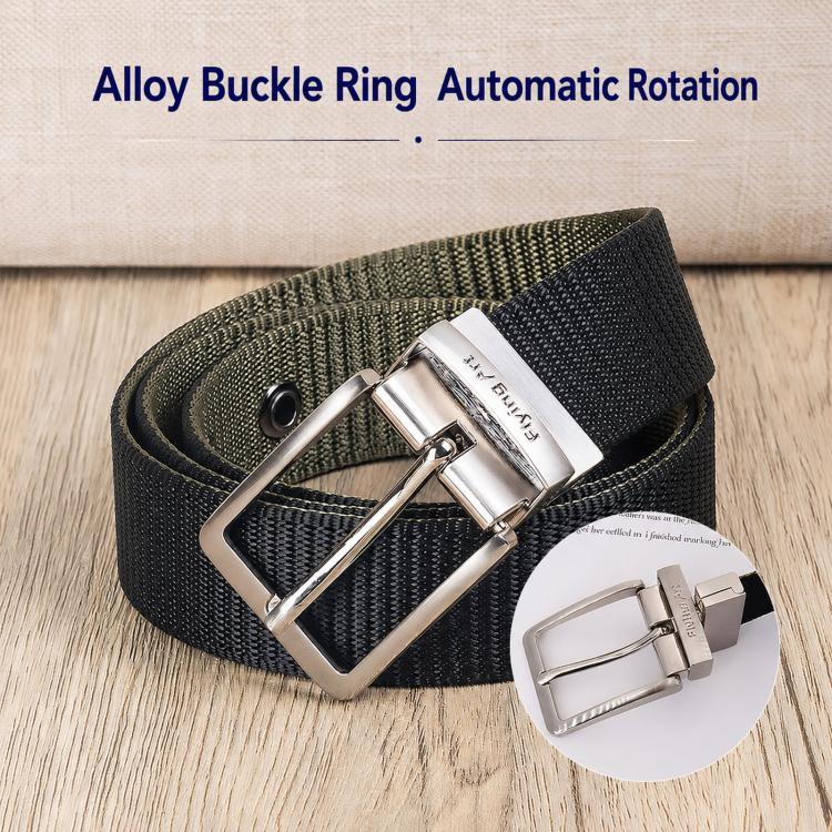 Men's nylon belt with silver alloy buckle ring, dark olive and black striped strap