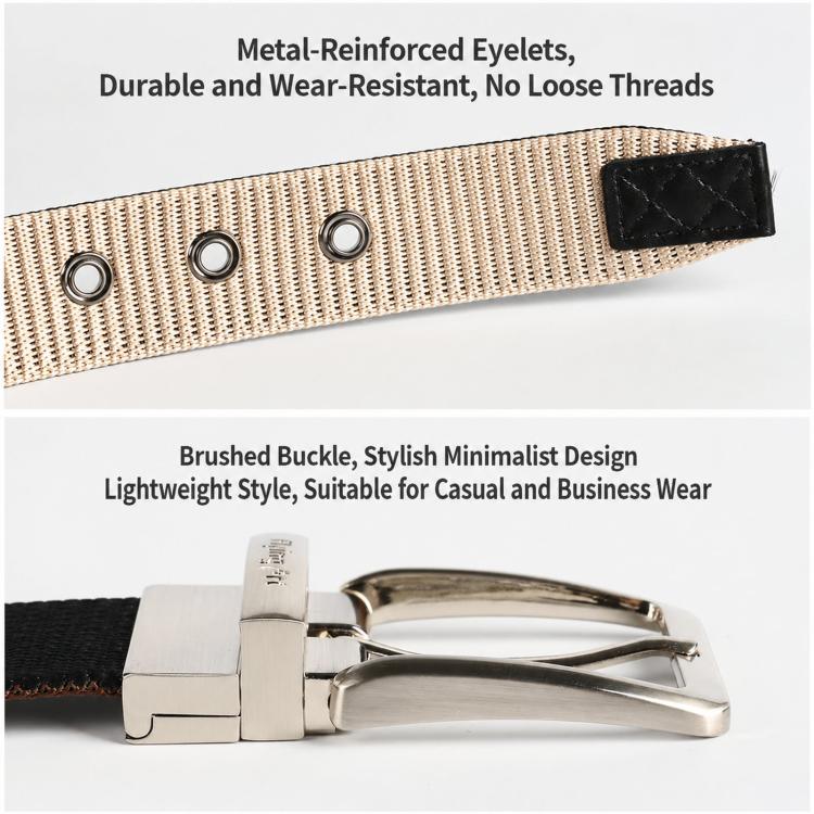 Two-tone nylon belt with metal buckle and grommets, tan strap with black end