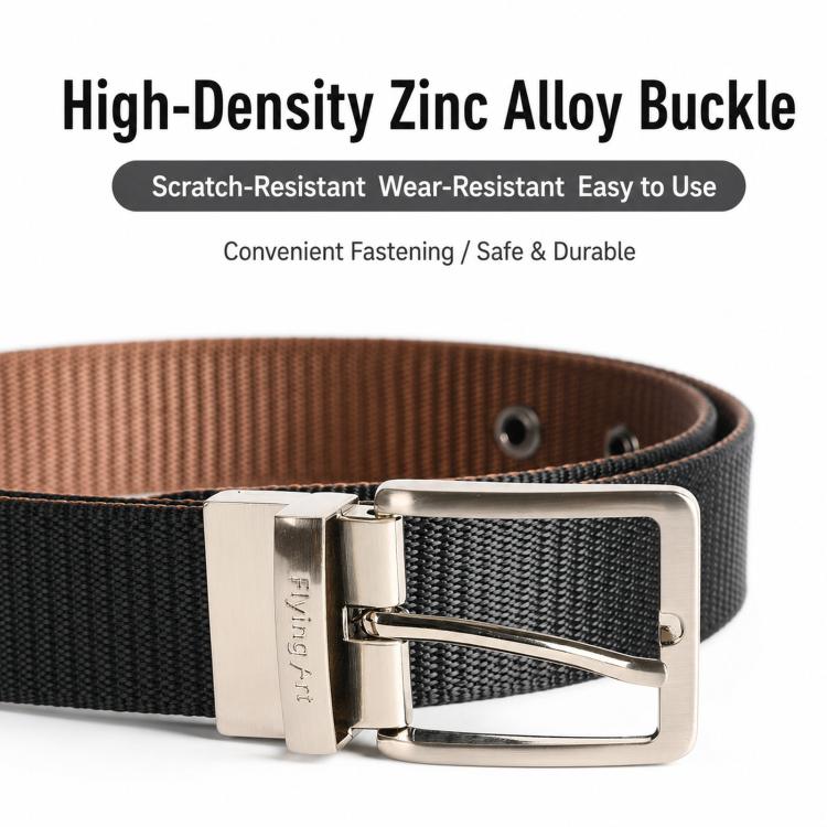 Two-tone nylon belt with zinc alloy buckle, black and brown straps with silver buckle