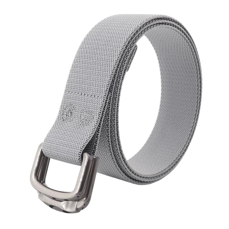 Unisex elastic nylon web belt in light gray with alloy buckle and stitched keeper loop
