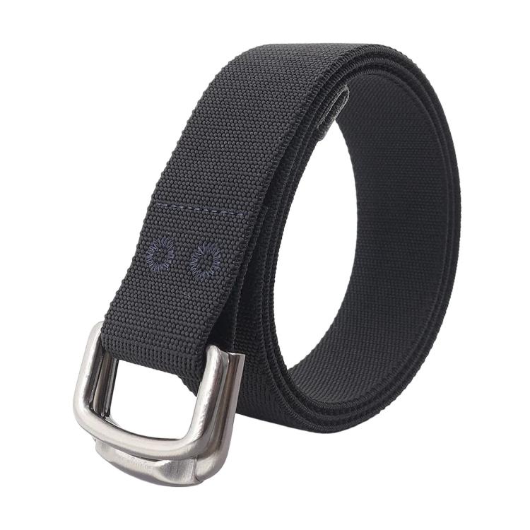 Dark gray/black elastic web belt with rectangular metal buckle, stitched edge