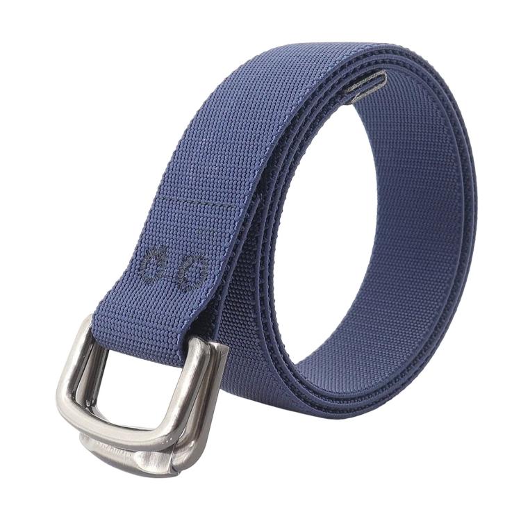 Unisex elastic nylon web belt in navy with alloy buckle and darker edge trim