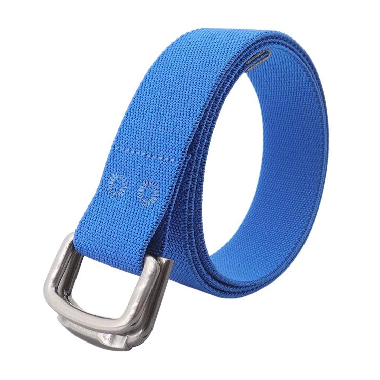 Unisex elastic nylon web belt in light blue with alloy buckle and darker edge trim
