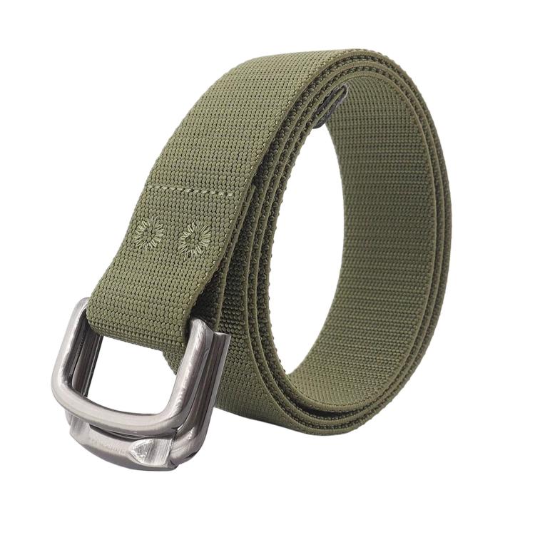 Army green woven web belt with rectangular metal buckle