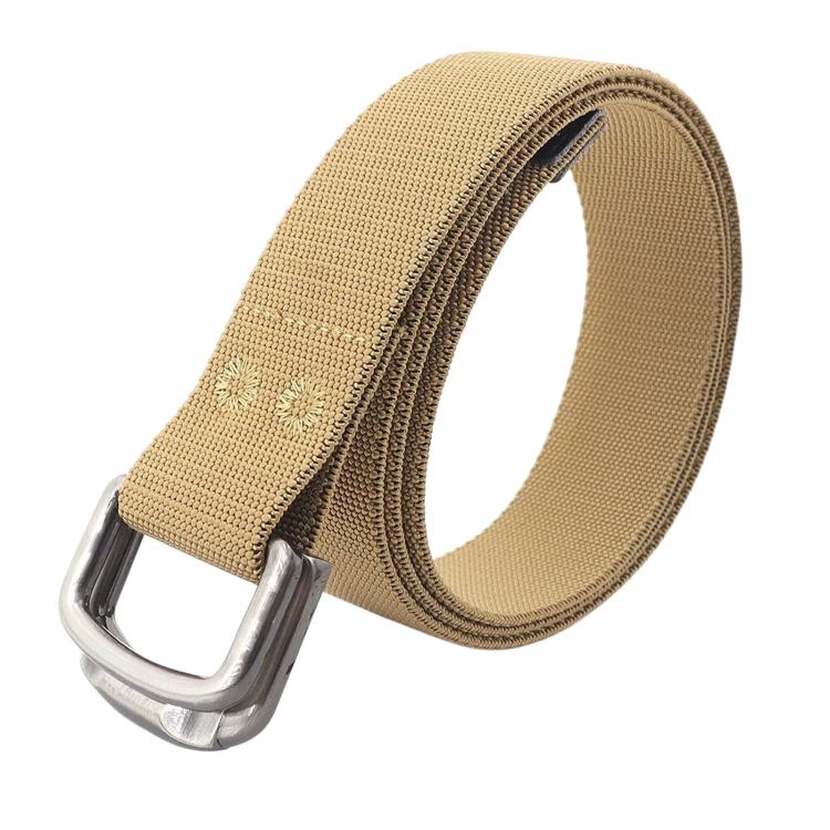 Unisex elastic nylon web belt in khaki with alloy buckle, double-layer webbing edge