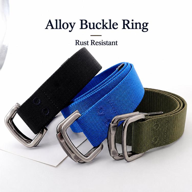 Assorted elastic nylon web belts in black, blue, and green with silver alloy buckles