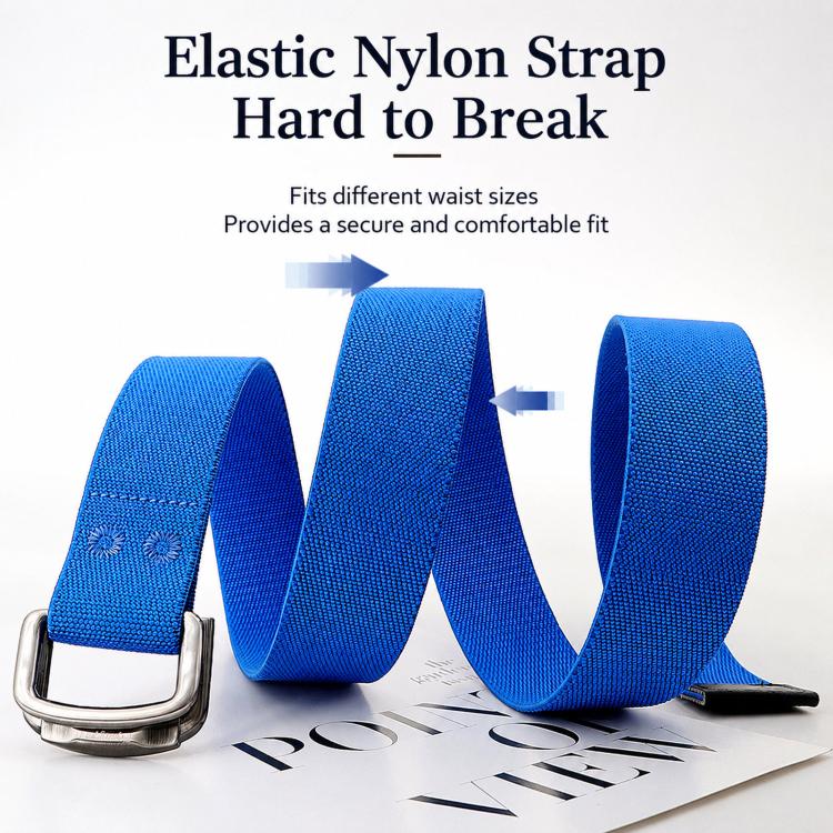 Blue elastic nylon web belt with silver alloy double buckle, stretchable loop