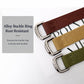 Elastic nylon web belts with silver alloy buckle rings in brown, tan, and green
