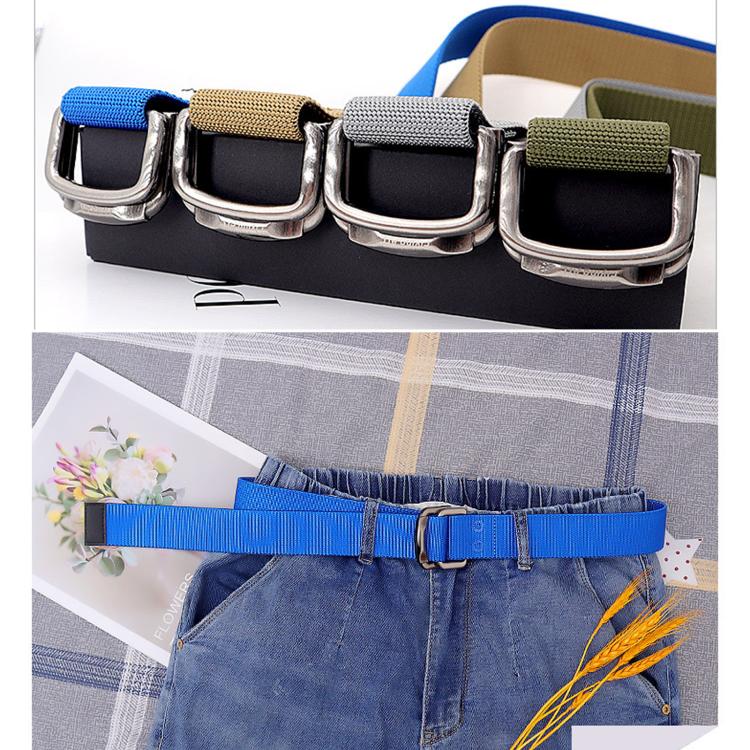 Blue elastic jeans belt with silver alloy double buckles, worn around waistband