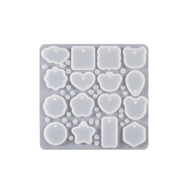 Square silicone mold with 16 resin cavities: hearts, stars, circles, hexagon, teardrops