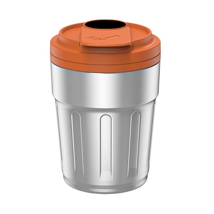 Orange and silver metal car ashtray with lid, cup open for cigarette disposal