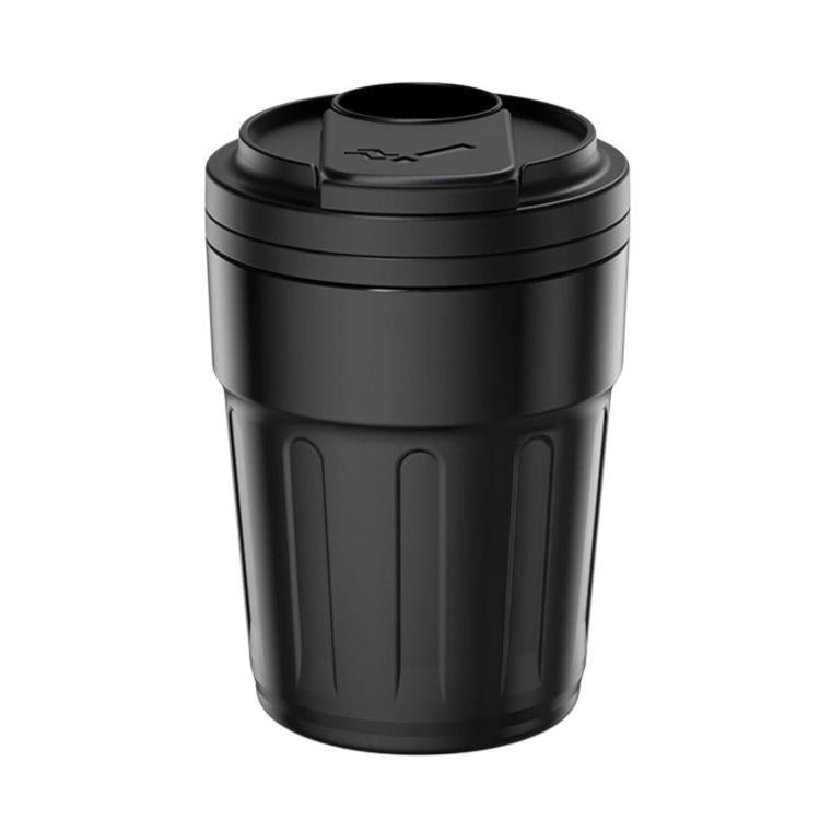 Black metal car ashtray can with hinged lid open, ready for cigarette disposal