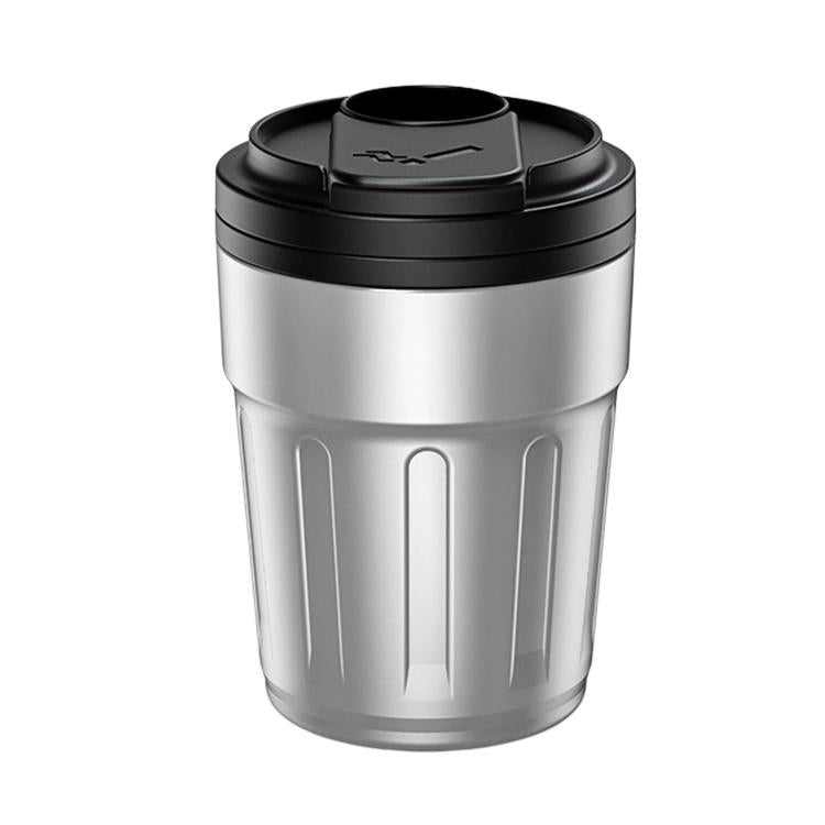 Stainless-look car ashtray with black lid open, metal cigarette disposal cup