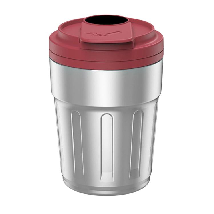 Red and silver metal car ashtray with lid, open cup for cigarette disposal