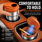 Orange metal car ashtray with LED-lit lid, shown in a hand on a dashboard