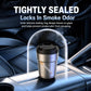 Black metal car ashtray with lid closed, LED glow on seat area