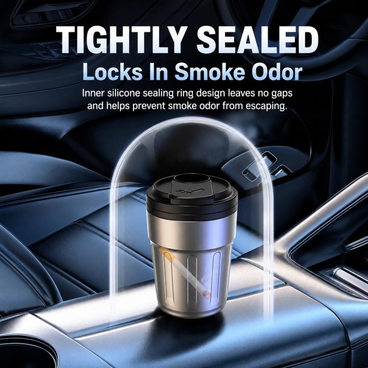 Black metal car ashtray with lid closed, LED glow on seat area