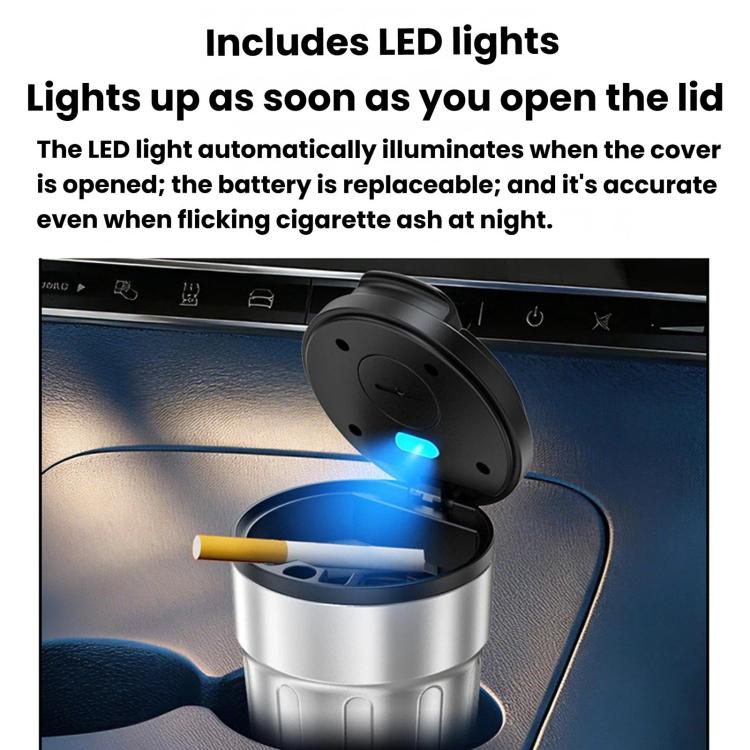 Silver car ashtray with black lid open, blue LED light illuminating the insert