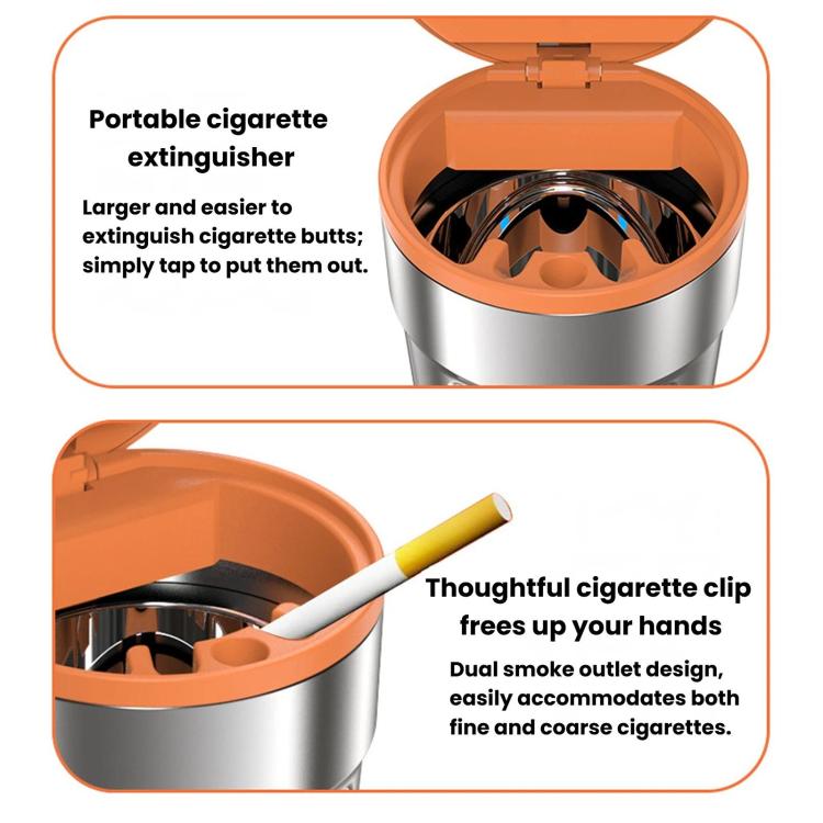 Orange metal car ashtray with hinged lid and LED light, open top