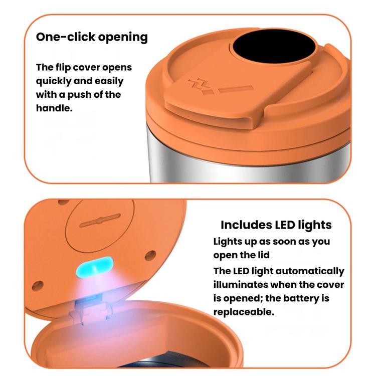 Orange metal cigarette disposal can with flip cover and built-in LED light