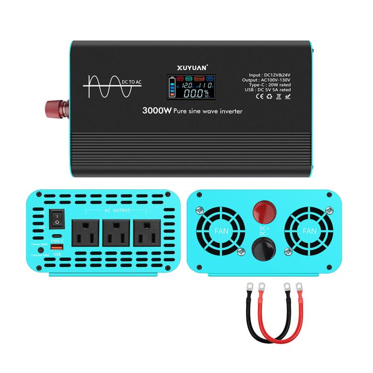 XUYUAN pure sine wave inverter, black with blue dual-fan panel, 3000W, display front
