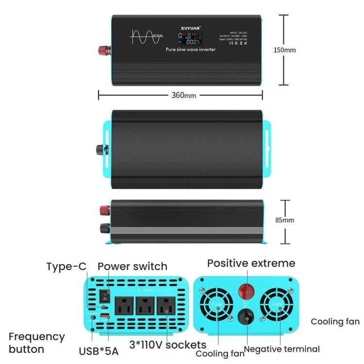 XUYUAN pure sine wave inverter diagram, fan cooling vents, terminals, ports, 360mm size