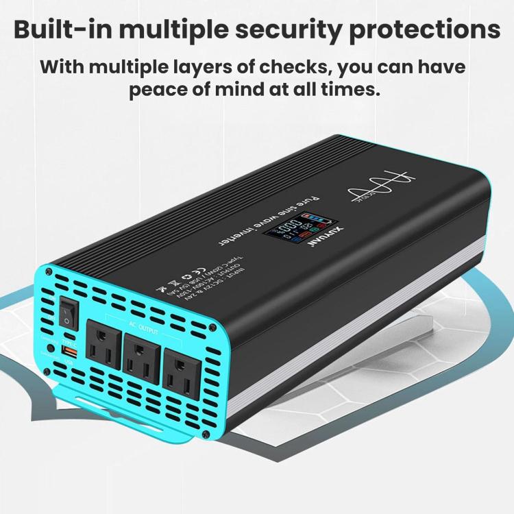 Pure sine wave inverter with multiple AC outlets and blue cooling fan side panel