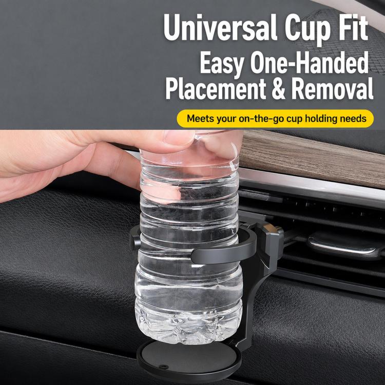 Universal car cup holder bracket with circular base, holding a water bottle