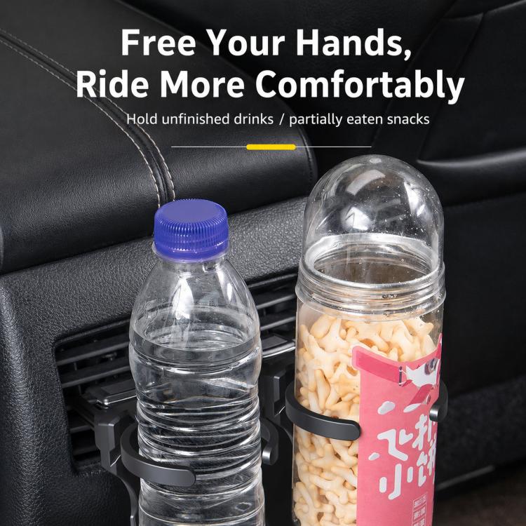 Car air vent cup holder bracket holding clear bottle and snack jar, black