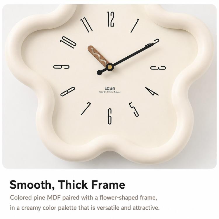 Cream flower-shaped wall clock with black hands and minimal numeric markers