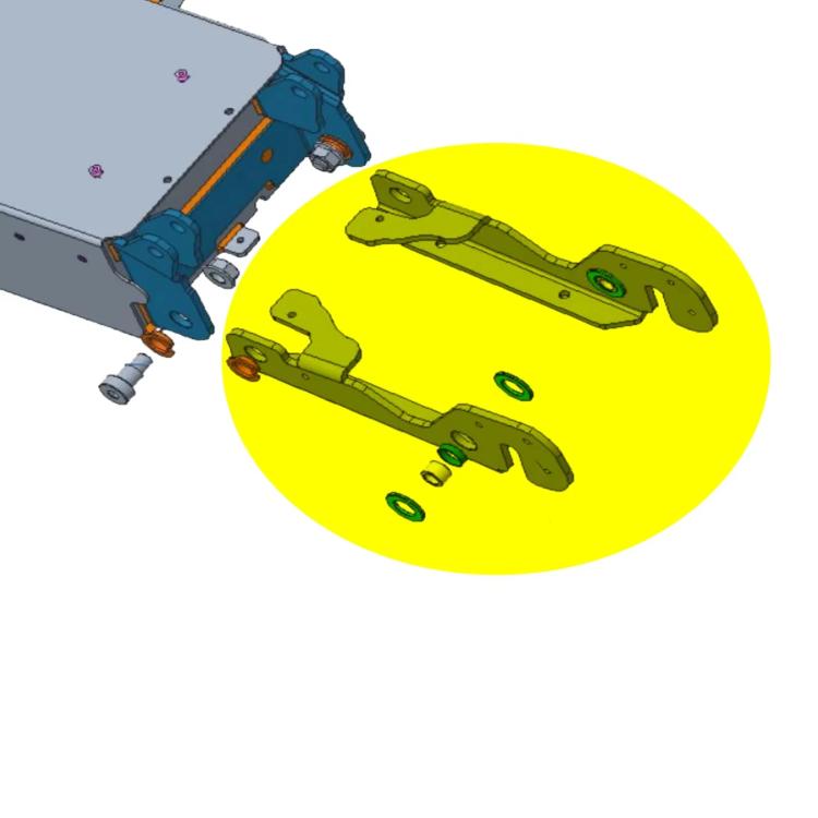 Green scooter swing arm parts with mounting tabs shown in exploded view.