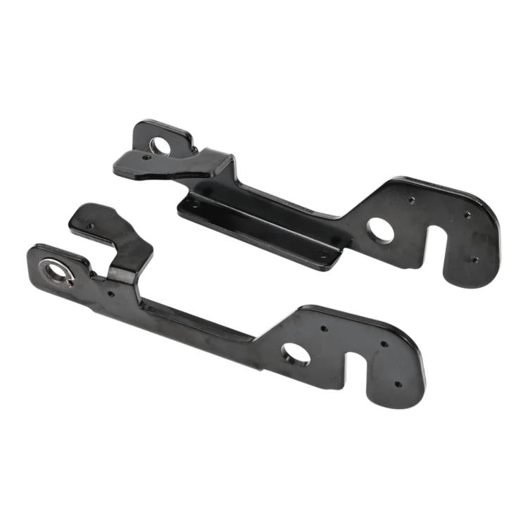 Black scooter swing arm brackets set with curved plates and mounting holes.