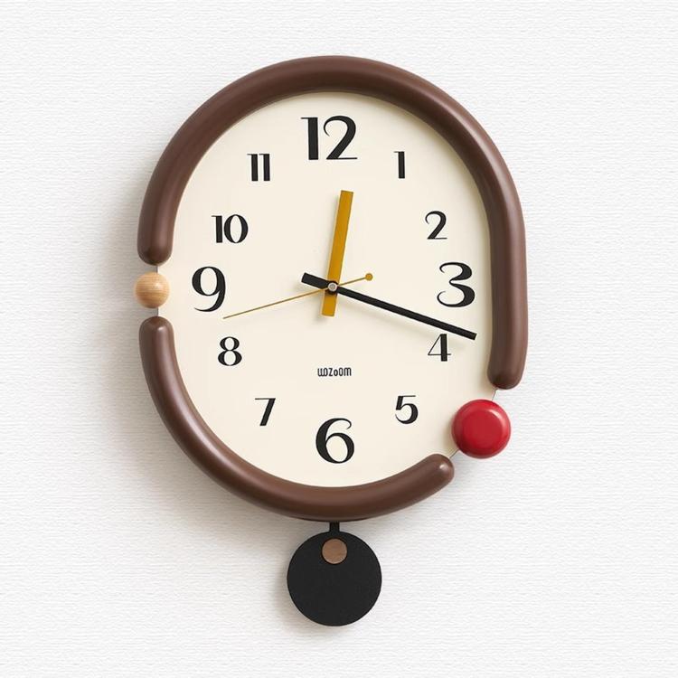 Retro oval wall clock, brown frame with yellow and black hands and dangling black tag